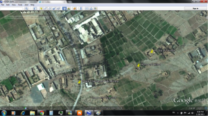 This photo shows the close proximity at which the family of the dead were living to Dogra checkpost. The yellow pins on the left represent the homes; the pin on the left is the checkpost.