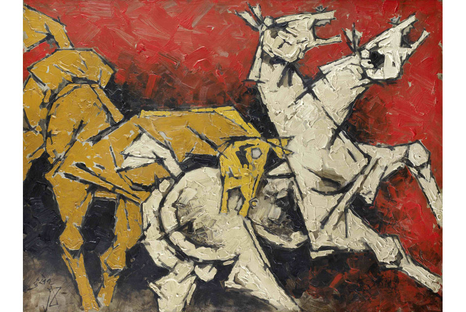 Untitled  by Maqbool Fida Husain. Oil on canvas. Among India’s most influential modernist painters, Husain (1915-2011) frequently featured galloping horses in his work. Husain’s early illustrations of horses were heavily influenced by Chinese miniatures, and grew in style and emotion alongside his own artistic development. In the 1970's, Husain's horses were infused with more vibrant colours that depicted a range of emotion and illustrated a new impressionistic style of art. This piece was created in 1970.